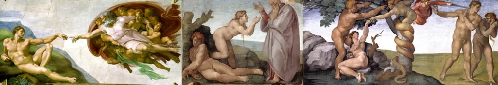 Alt-text: Michelangelos fresk Skapelsen av Adam samt Adam och Eva i paradiset på Sixtinska kapellets tak, med Gud som ger liv, skapandet av Eva och syndafallet under kunskapens träd