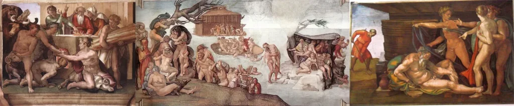 Michelangelos fresker om Noa och syndafloden på Sixtinska kapellets tak, med Noas offer, människors kamp under översvämningen och följderna av katastrofen