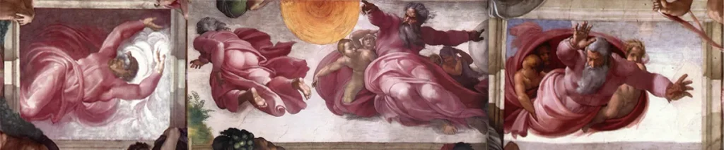 Detalj ur Michelangelos skapelsescener i Sixtinska kapellets tak där Gud avbildas i rörelse under skapelseakten, omgiven av svävande gestalter och draperier